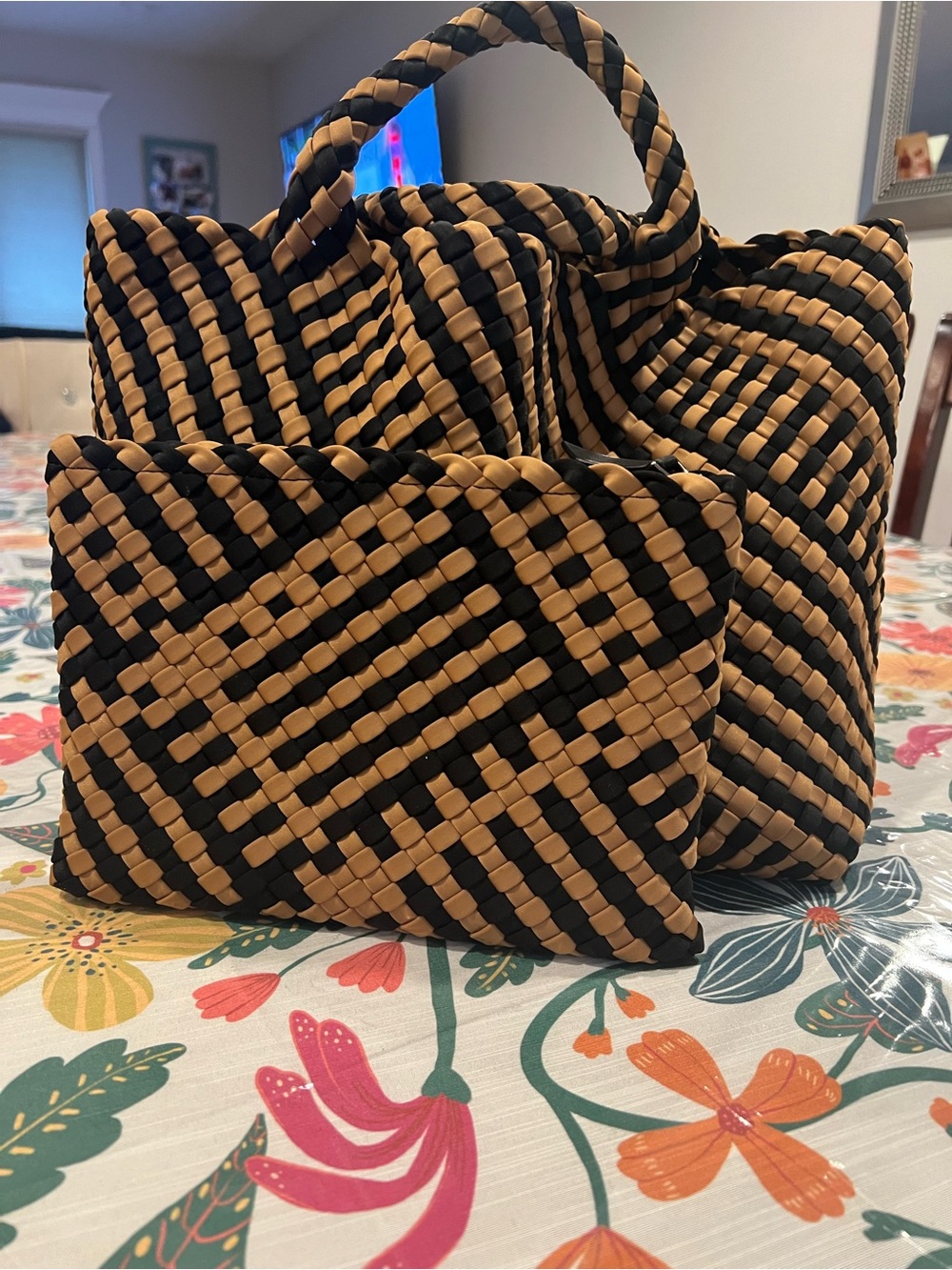 Naghedi Black and Tan Medium Woven Tote with Matching Pouch